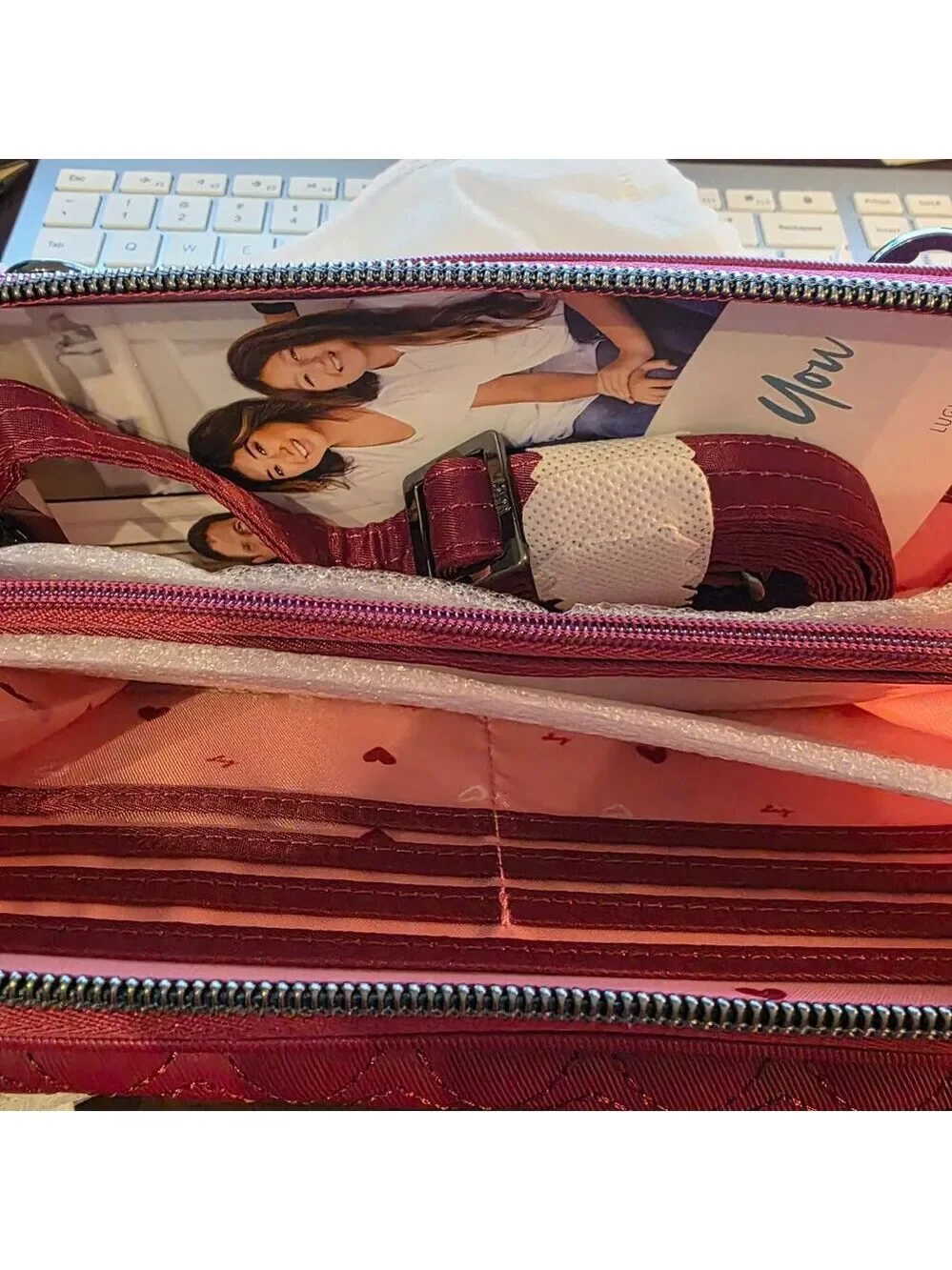 NWT- LUG- SATIN LUXE KICKFLIP SE CROSSBODY WALLET ( Hearts interior)- Raspberry